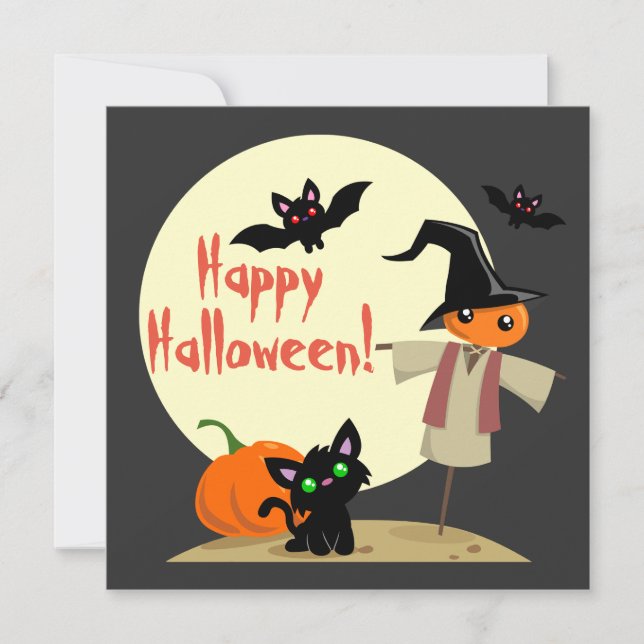 Cute Scarecrow & Kitty Halloween Card (Front)