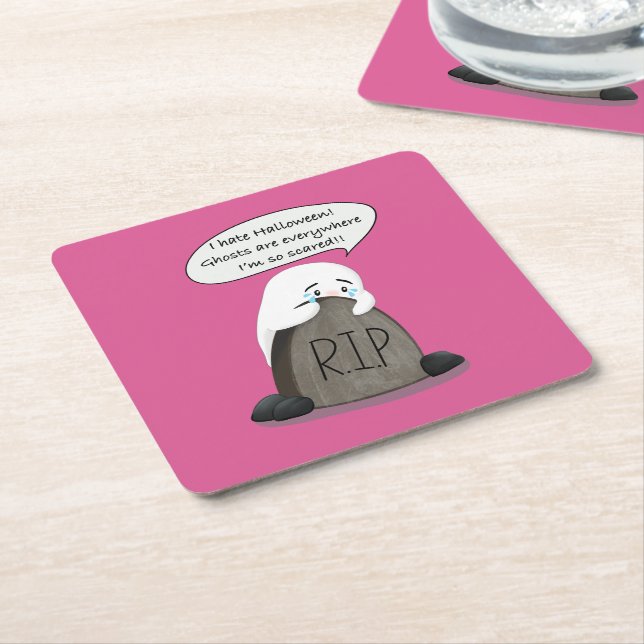 Cute Scared Ghost RIP Tombstone Funny Square Paper Coaster (Angled)