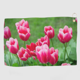 Cute scarlet tulips in the garden golf towel