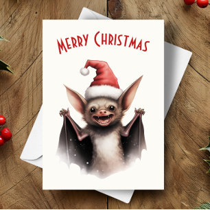 Cute Scary Bat Santa Hat Red Poinsettia Christmas Card