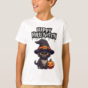 Cute Scary Black Cat With Pumpkin Jack O Lantern  T-Shirt