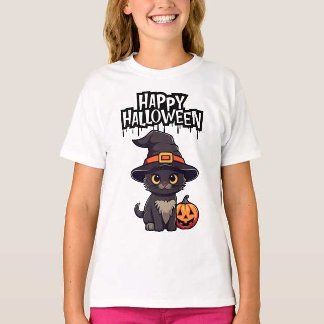 Cute Scary Black Cat With Pumpkin Jack O Lantern  T-Shirt (Front)