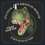 Cute Scary Dinosaur Square Sticker<br><div class="desc">Is this scary Tyrannosaurus isn't looking for supper,  he really is trying hard to be
friendly,  and wants to wish a special child a very HAPPY BIRTHDAY!
Customise the child's name and age.</div>