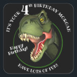 Cute Scary Dinosaur Square Sticker<br><div class="desc">Is this scary Tyrannosaurus isn't looking for supper,  he really is trying hard to be
friendly,  and wants to wish a special child a very HAPPY BIRTHDAY!
Customise the child's name and age.</div>