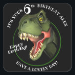 Cute Scary Dinosaur Square Sticker<br><div class="desc">Is this scary Tyrannosaurus isn't looking for supper,  he really is trying hard to be
friendly,  and wants to wish a special child a very HAPPY BIRTHDAY!
Customise the child's name and age.</div>