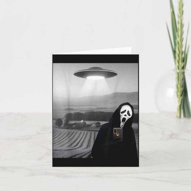Cute Scary Face Horror Ghost Selfie with Alien UFO Card (Front)