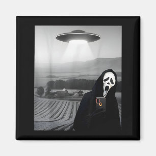 Cute scary face horror ghost selfie with alien ufo magnet