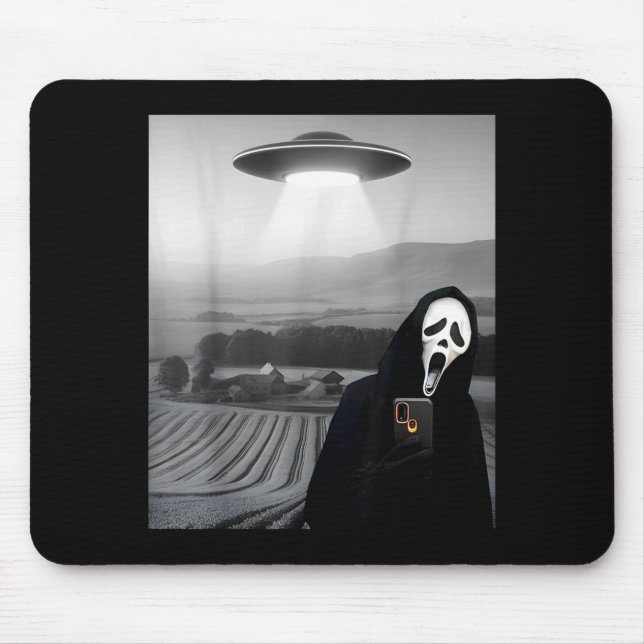 Cute scary face horror ghost selfie with alien ufo mouse pad (Front)