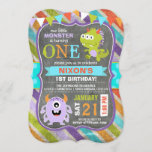 Cute Scary Little Monsters Birthday Invitation<br><div class="desc">Cute and scary little monsters on chalkboard background with colourful grunge stripe back design birthday invitation card.</div>