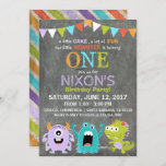 Cute Scary Little Monsters Birthday Invitation<br><div class="desc">Cute and scary little monsters on chalkboard background with colourful grunge stripe back design birthday invitation card.</div>