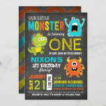 Cute Scary Little Monsters Birthday Invitation<br><div class="desc">Cute and scary little monsters on chalkboard background with colourful grunge chevron print back design birthday invitation card.</div>