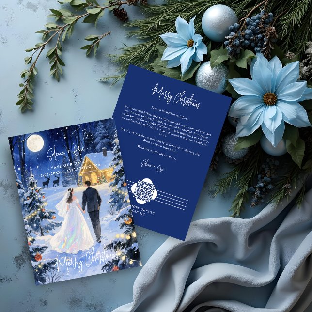 Cute Scene Enchanted Christmas Forest Wedding Save The Date (Cute Night Scene Enchanted Christmas Forest Wedding Couple Save the Date Cards with QR Code.)
