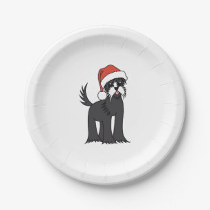 Cute Schnauzer Christmas Dog in Santa Hat Paper Plate