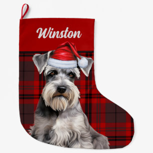 Cute Schnauzer Dog Holiday Plaid Personalized Large Christmas Stocking
