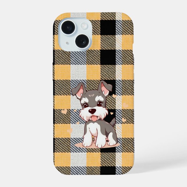 Cute Schnauzer Dog Yellow Plaid iPhone 15 Case (Back)