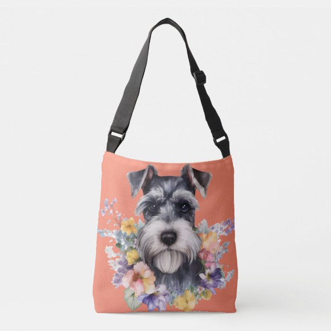 Cute Schnauzer Portrait with Flowers  Crossbody Bag (Front)