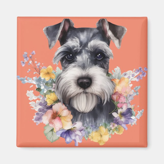 Cute Schnauzer Portrait with Flowers  Magnet (Front)