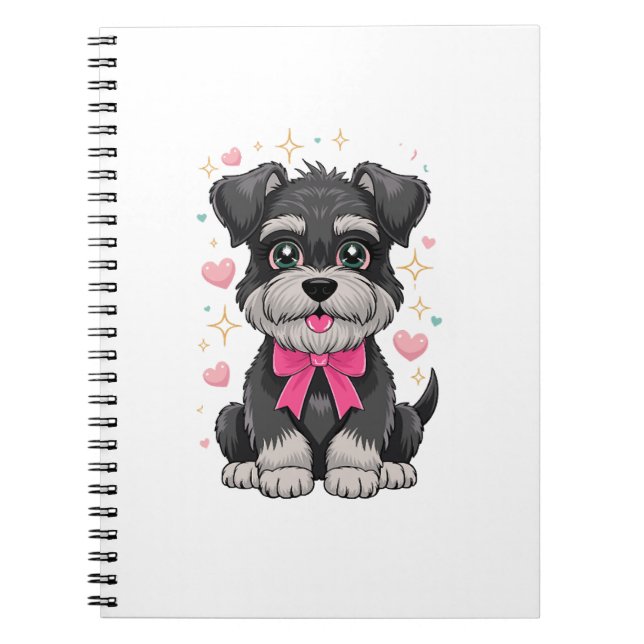 Cute Schnauzer With Pink Bow Surrounded by Hearts Notebook (Front)