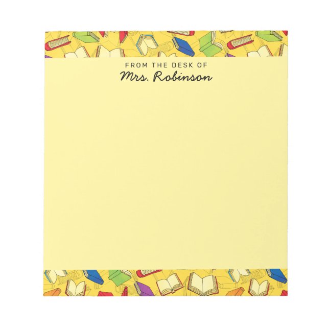 Cute School Books Teacher Desk Yellow 4 x 6 Notepad (Front)