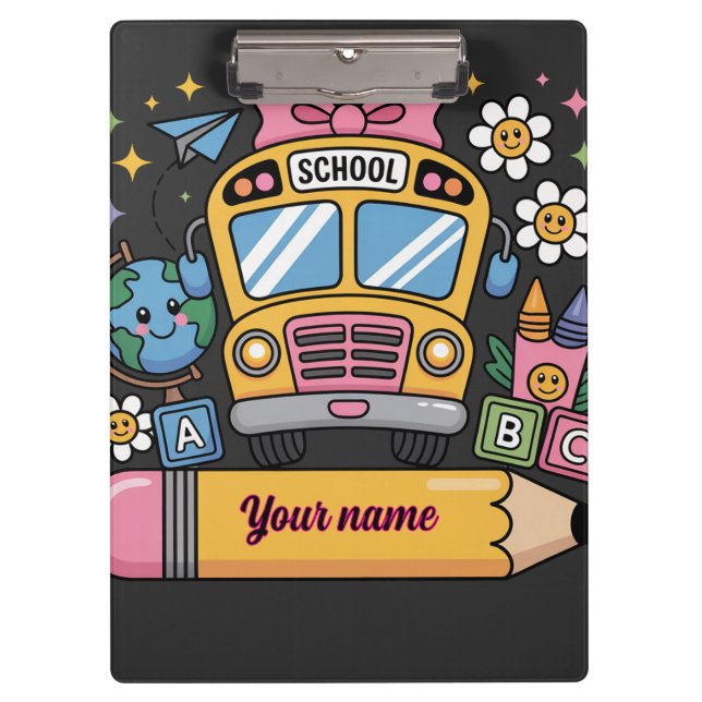 Cute School Bus Fun | Back to School Education Kid Clipboard (Front)