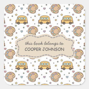 Cute School Bus Pattern Name Bookplate Square Sticker