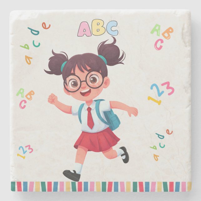 Cute School Girl ABC 123 Learning Illustration Stone Coaster (Front)