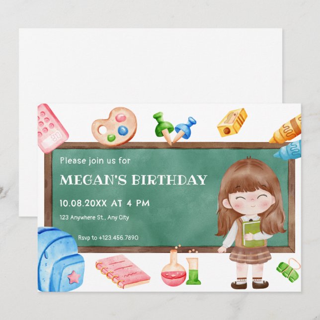 Cute school girl chalkboard birthday invitation (Front/Back)