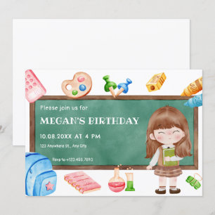 Cute school girl chalkboard birthday invitation