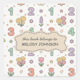 Cute School Numbers Pattern Name Bookplate Square Sticker