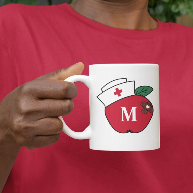 Cute School Nurse Apple Monogram Brown Plasters Coffee Mug (Creator Uploaded)