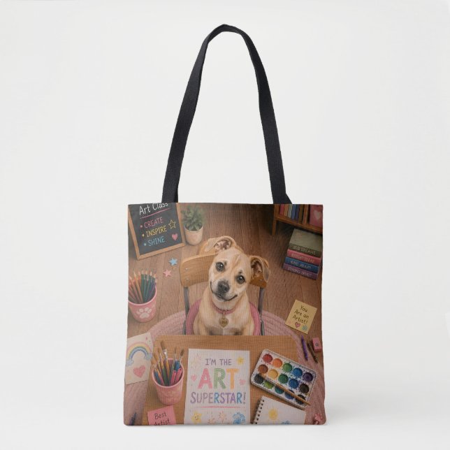 Cute School Puppy Art Class Desk Tote Bag (Front)
