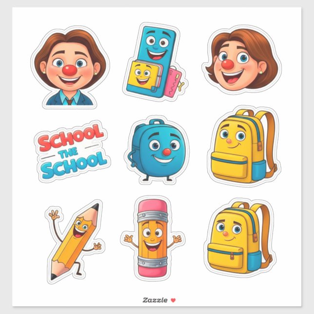 Cute School Sticker Set With Cartoon Characters (Sheet)
