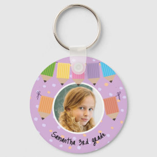 Cute School Student Kid Photo Dots Pencils Purple Key Ring