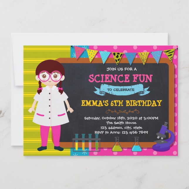 Cute scientist girl birthday invitation (Front)