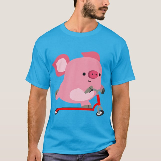 Cute Scooter-Riding Cartoon Pig T-Shirt (Front)