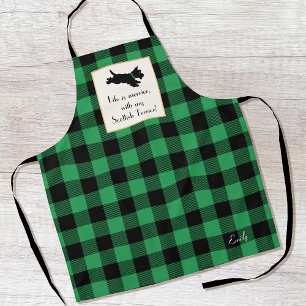 Cute Scottie Dog Buffalo Plaid Green Apron