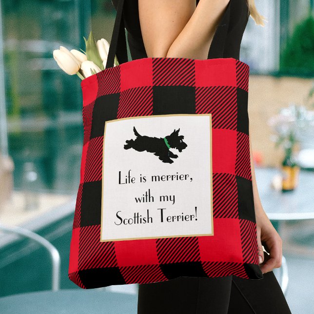 Cute Scottie Dog Buffalo Plaid Red Tote Bag (Creator Uploaded)
