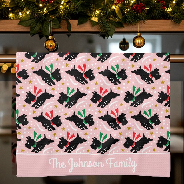 Cute Scottie Dog Family Name Snow Fun Pattern Pink Tea Towel (Creator Uploaded)