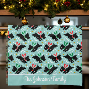 Cute Scottie Dog Family Name Snow Mint Christmas Tea Towel
