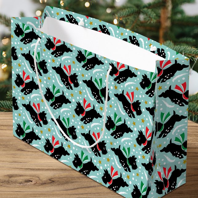 Cute Scottie Dog Fun Snow Retro Pattern Mint Large Gift Bag (Creator Uploaded)
