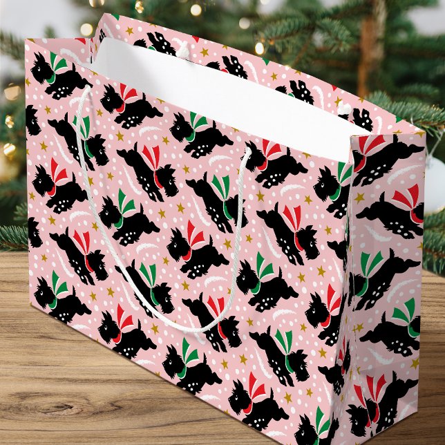 Cute Scottie Dog Fun Snow Retro Pattern Pink Large Gift Bag (Creator Uploaded)