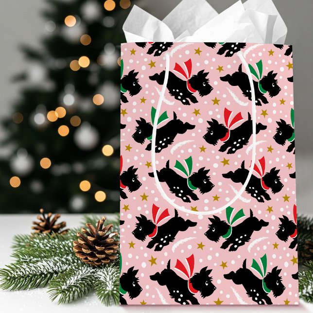 Cute Scottie Dog Fun Snow Retro Pattern Pink Medium Gift Bag (Creator Uploaded)
