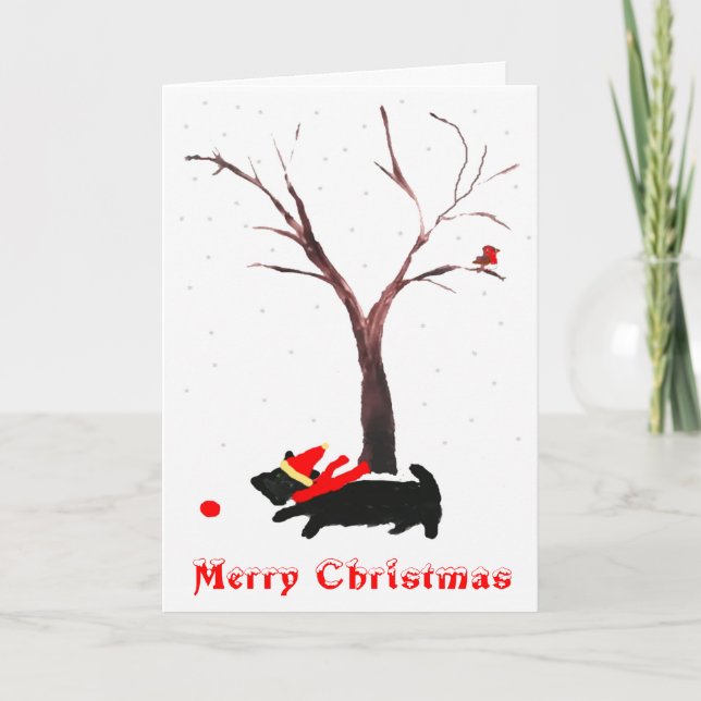 Cute Scottie Dog Robin Christmas Holiday Card (Front)