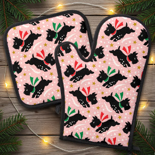Cute Scottie Dog Snow Fun Pet Pattern Pink Oven Mitt & Pot Holder Set