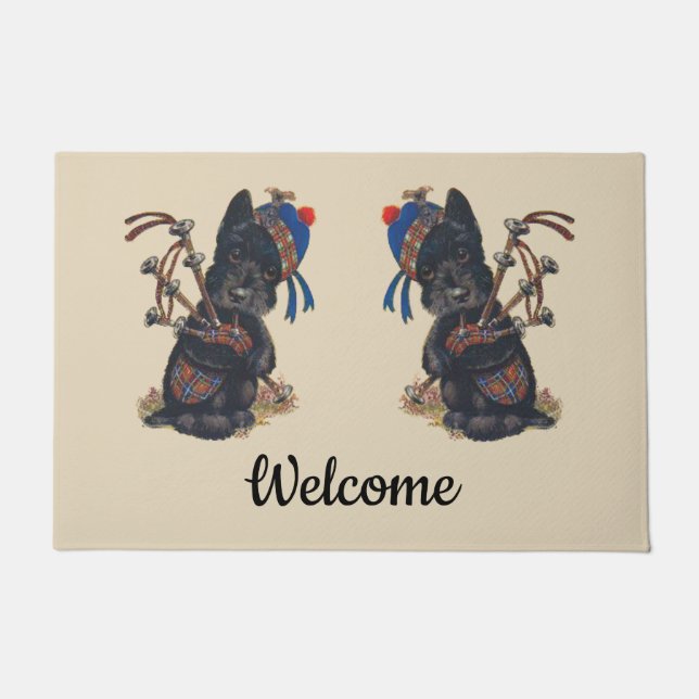 Cute Scotties Playing Bagpipes Personalise Doormat (Front)