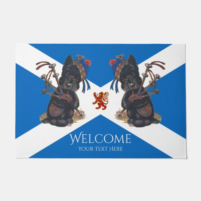 Cute Scotties Playing Bagpipes Personalise Doormat (Front)