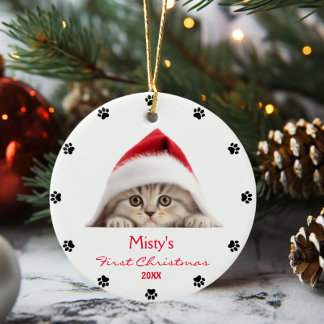 Cute Scottish Fold Cat Santa Hat Paw Personalised Ceramic Tree Decoration