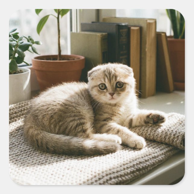 Cute Scottish Fold Cat Square Sticker  (Front)