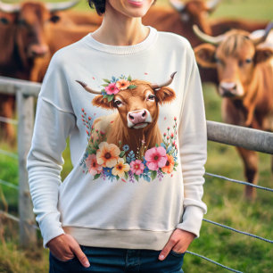 Cute Scottish Highland Cow Floral Sweatshirt
