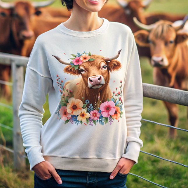 Cute Scottish Highland Cow Floral Sweatshirt (Creator Uploaded)